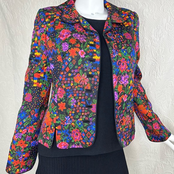 Caroline Charles London Wool Silk Multicolor Floral Geometric Blazer - Picture 2 of 15